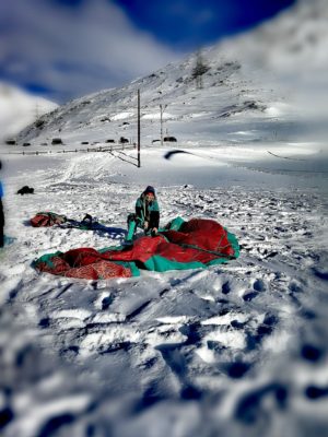 Nadine Stippler setting up her Snowkite gear