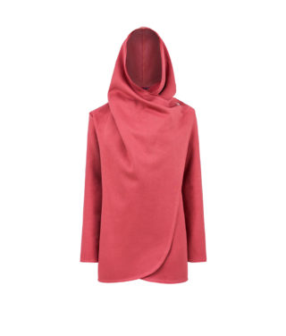 Hooded coat in pink with hood up closed with button for surf adventures