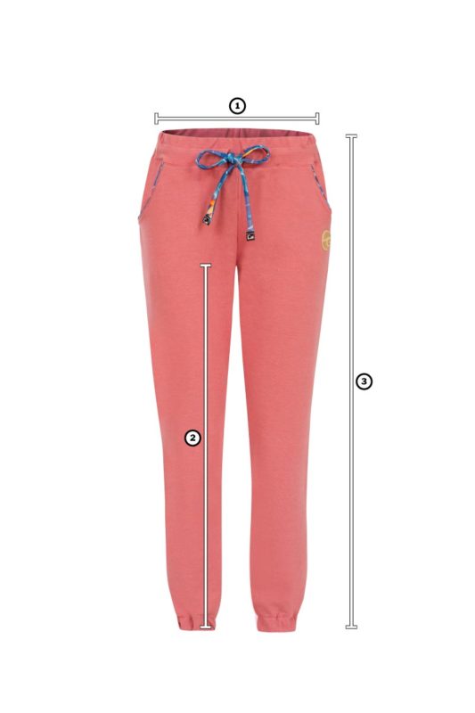 Size Chart of comfortable pink pants to lounge around for surf girls with floral pink pants pattern