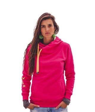 Kamila wearing surf hoodie big hood in pink shown from the front