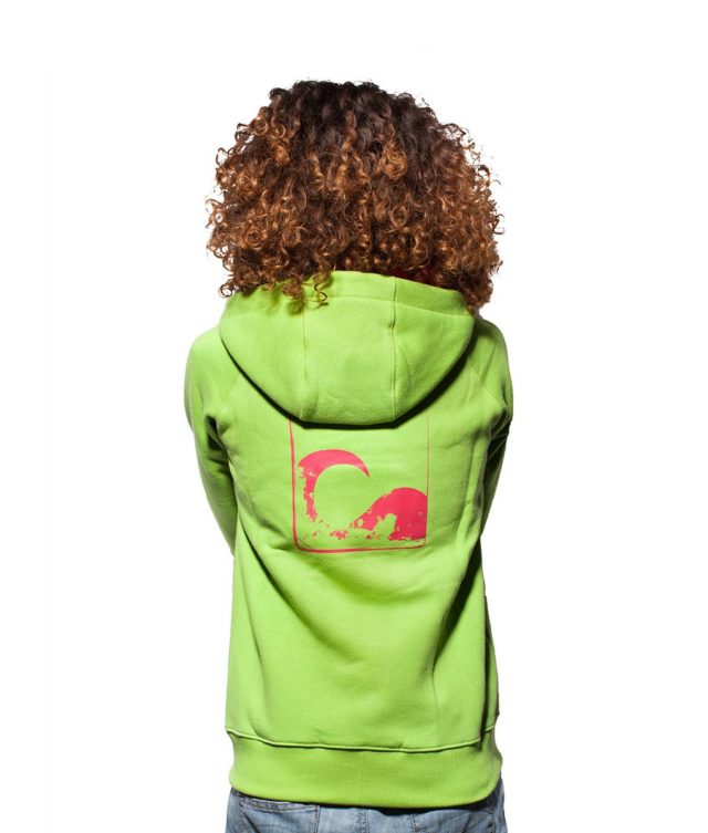 Surf Model Wearing Evokaii Zipper Wave Surf Hoodie Seen From The Back In Green Colour