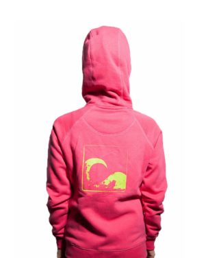 Surf Model Wearing Evokaii Zipper Wave Hoodie Seen From The Back In Pink Colour