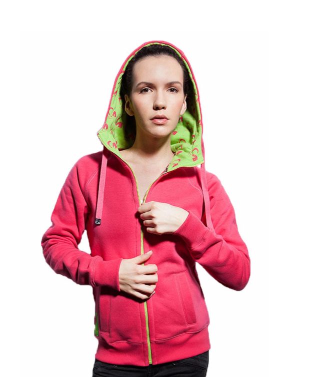 Surf Model Wearing Evokaii Zipper Wave Hoodie Seen From The Front In Pink Colour