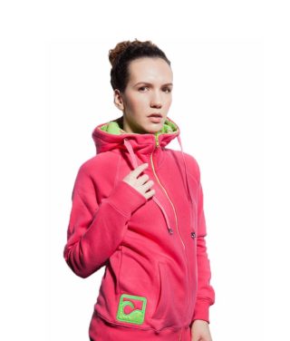 Surf Model Wearing Evokaii Zipper Wave Hoodie Seen From The Side In Pink Colour