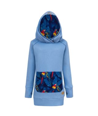 Long Cotton Hoodie Blue With Parrots Design Front