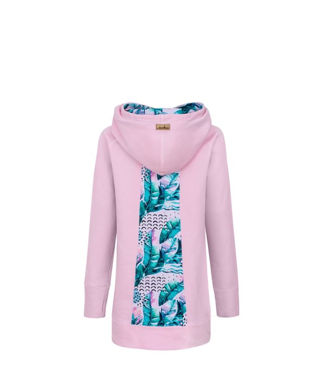 Long Cotton Hoodie Pink With Pink Feathers Design Back