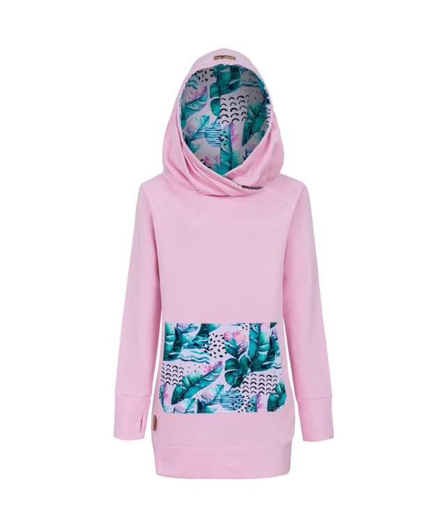 Long Cotton Surf Hoodie Pink With Pink Feathers Design Front
