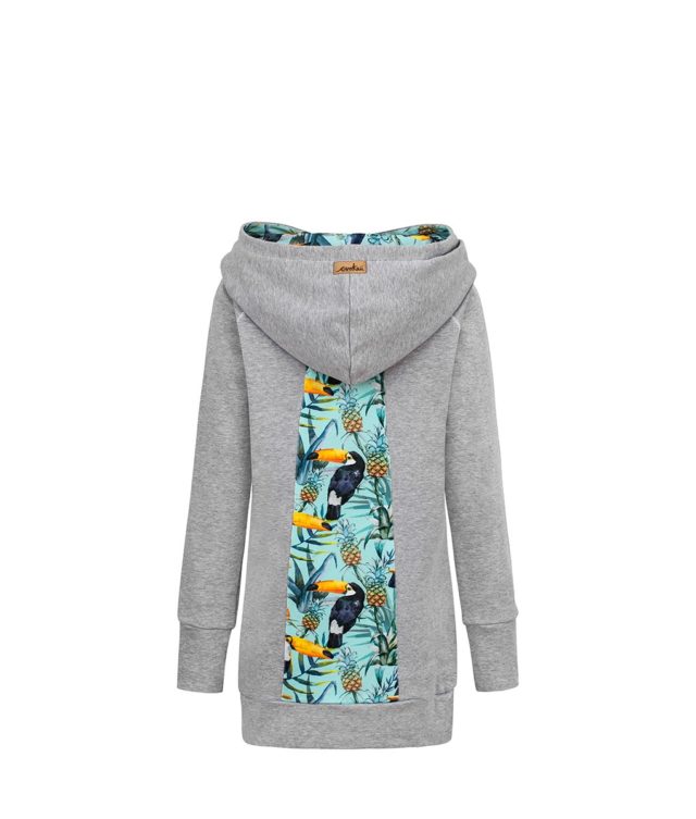 Long Cotton Hoodie Grey With Tropical Toucan Design Back
